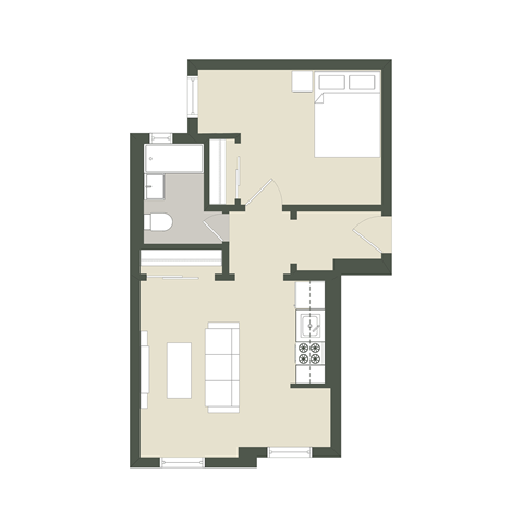Floor plan for 1 bed, 1 bath, 518 sqft